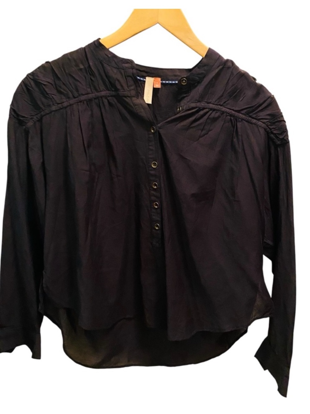 Anthropologie Pilco Popover Medium Black Ruching Shoulder Detail Lightweight